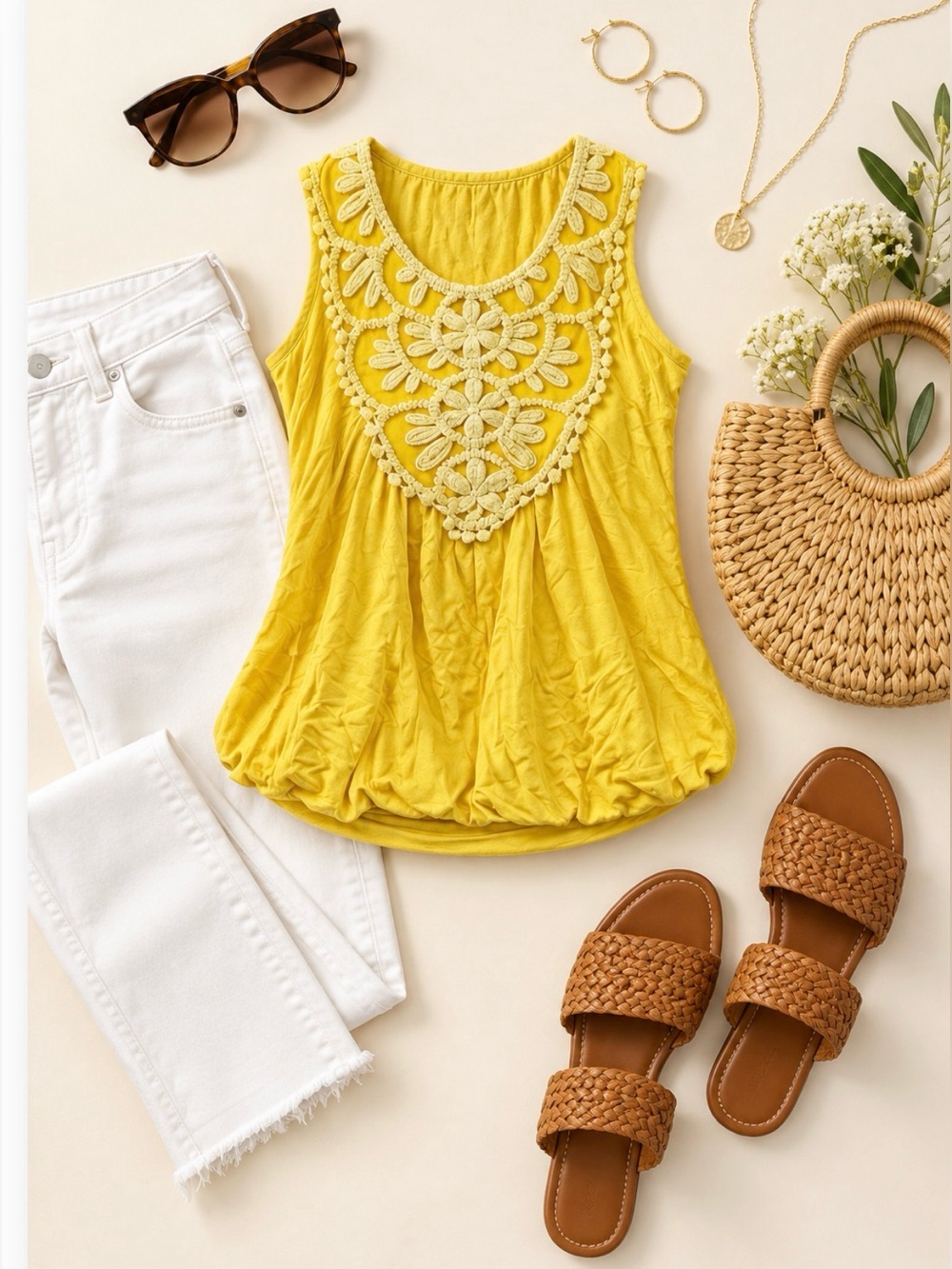 Sunshine Yellow Sleeveless Blouse with Floral Detail